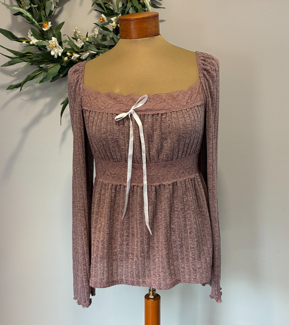 SHEIN Mauve Ribbed Knit Top Square Neck Lace Trim Bow Coquette Y2K Long, Medium